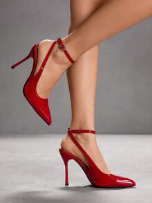 CUCCOO SZL Pointed Toe Stiletto High Heel Black Glossy Fabric Fashion Versatile Sexy Party Ankle Strap Women's High Heel Pumps, Women's Backless Pumps For Christmas - Mirror Crimson 159 - View 5