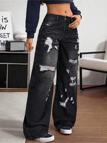 SHEIN Women's Fashion Casual Gothic Dark Wide-Leg Jeans - Black - View 4