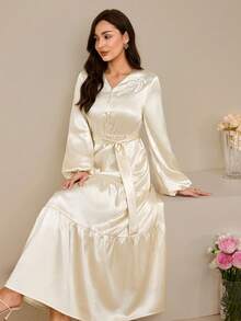 Modelyn Elegant V-Neck Apricot Long Dress, High-Quality Slimming Design Modest Long Dress Silky Dress Satin Long Dress French Style Dress Modest Dress - Apricot - View 7