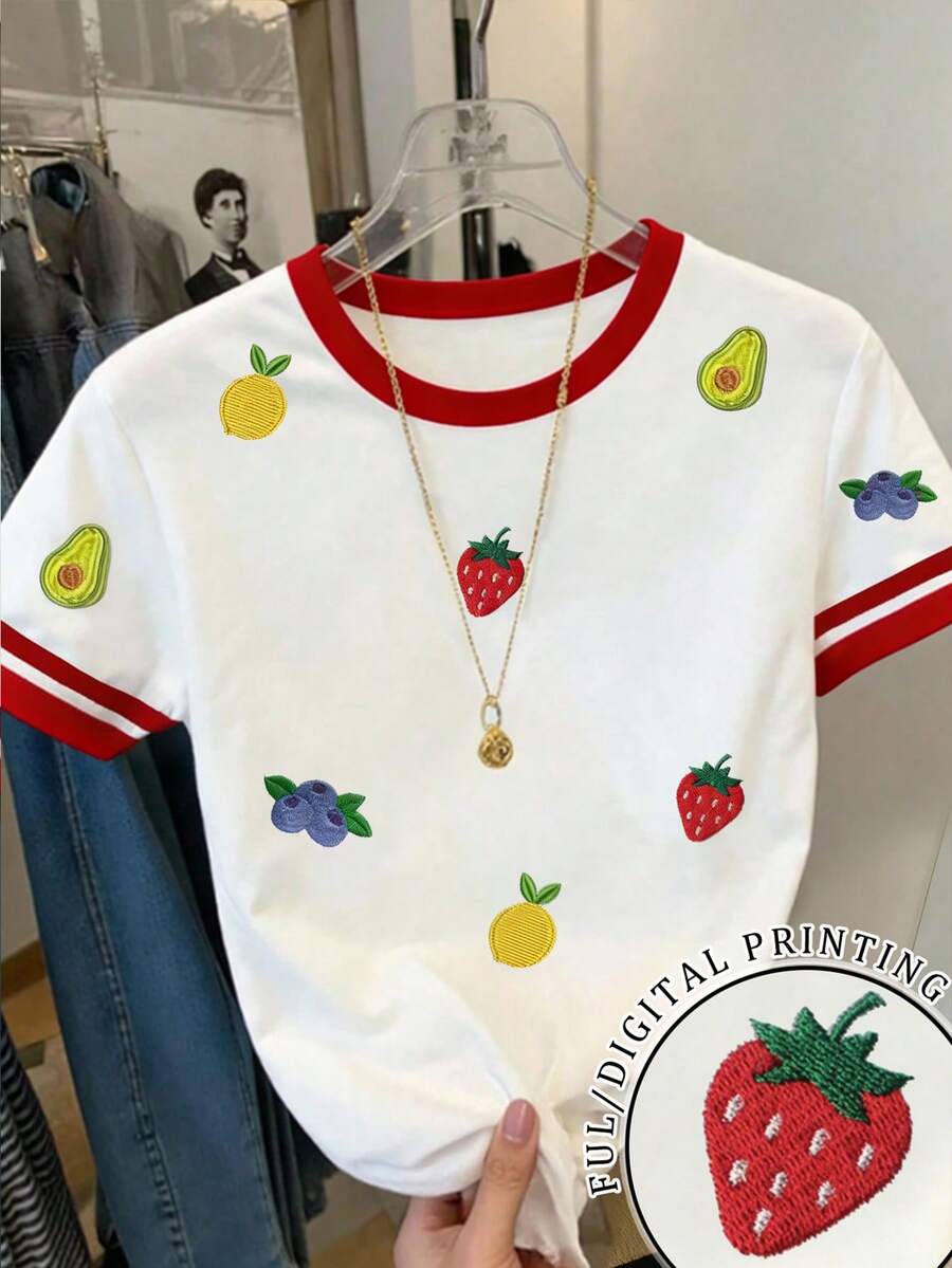 SHEIN 女士休闲水果印花短袖T恤，夏季 - 彩色 - 查看 1