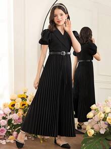 SHEIN Tween Girl French Elegant Lapel Bubble Sleeve Pleated Jumpsuit, Solid Color Woven Jumpsuit With PU Belt, Casual & Commute, Spring/Summer - Black - View 4
