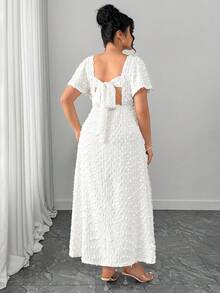 Elenzga 大码女士优雅性感露背蝴蝶结吊带高开衩连衣裙，春夏款 - 杏色 - 查看 6