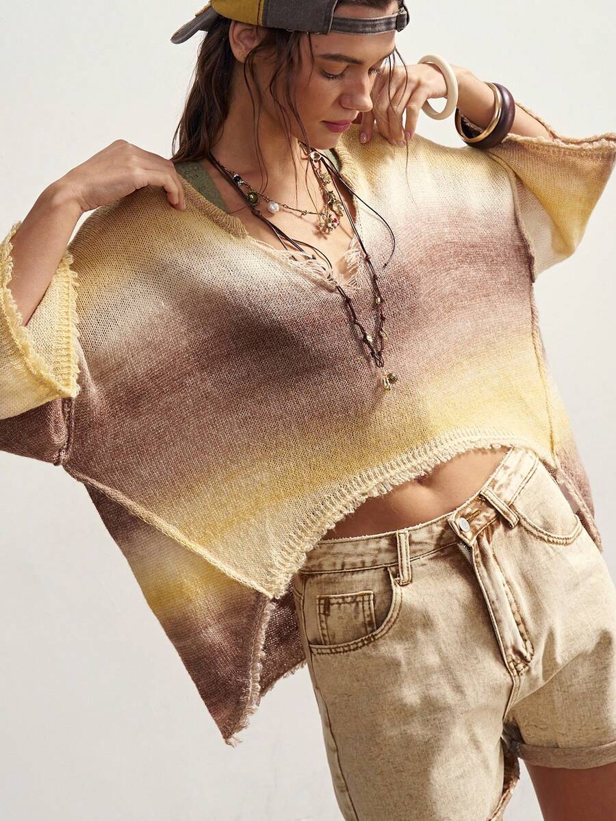 Bohemela Ombre Distressed Loose Knit Sweater