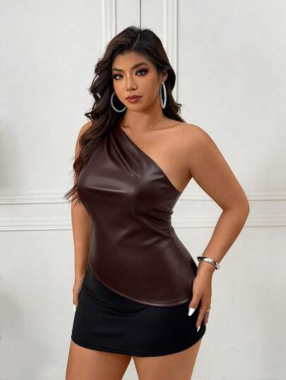 Femmeverse 女士加大码纯色无袖单肩斜领T恤