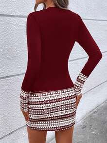 EMERY ROSE Spring/Autumn Black & White Geometric Pattern Patchwork Fitted Casual Dress, Stylish Party Dress - Burgundy - View 2