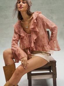 Bohemela Women's Casual Solid Color Woven Patchwork Lace V-Neck Ruffle Hem Blouse - Dusty Pink - View 2