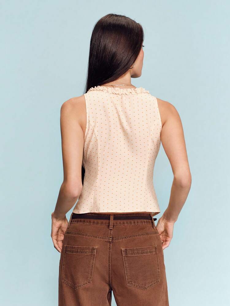 Beige Sleeveless Top With Orange Polka Dots, V-Neck And Ruffle Trim Romantic Spring Summer Style French Style Parisian Style Going Out