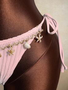 Zestiva Women's 2 Pieces Wavy Striped Shell Tape Splice Tie Neck Bikini Set, Summer - Pink - View 7