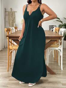 SHEIN Tall Đầm dài dáng rộng không tay cổ chữ V, thanh lịch, phù hợp cho cả đi làm và dự tiệc, chất liệu thoải mái, đa năng, màu đen, cỡ lớn và cao. - Màu xanh lá cây đậm - Xem 3