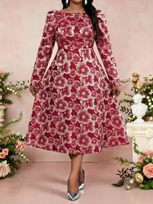 Fleurora Váy midi dài tay jacquard thanh lịch cỡ lớn dành cho nữ, thích hợp cho các bữa tiệc và chuyến đi chơi, mùa thu/đông - Nhiều màu - Xem 5