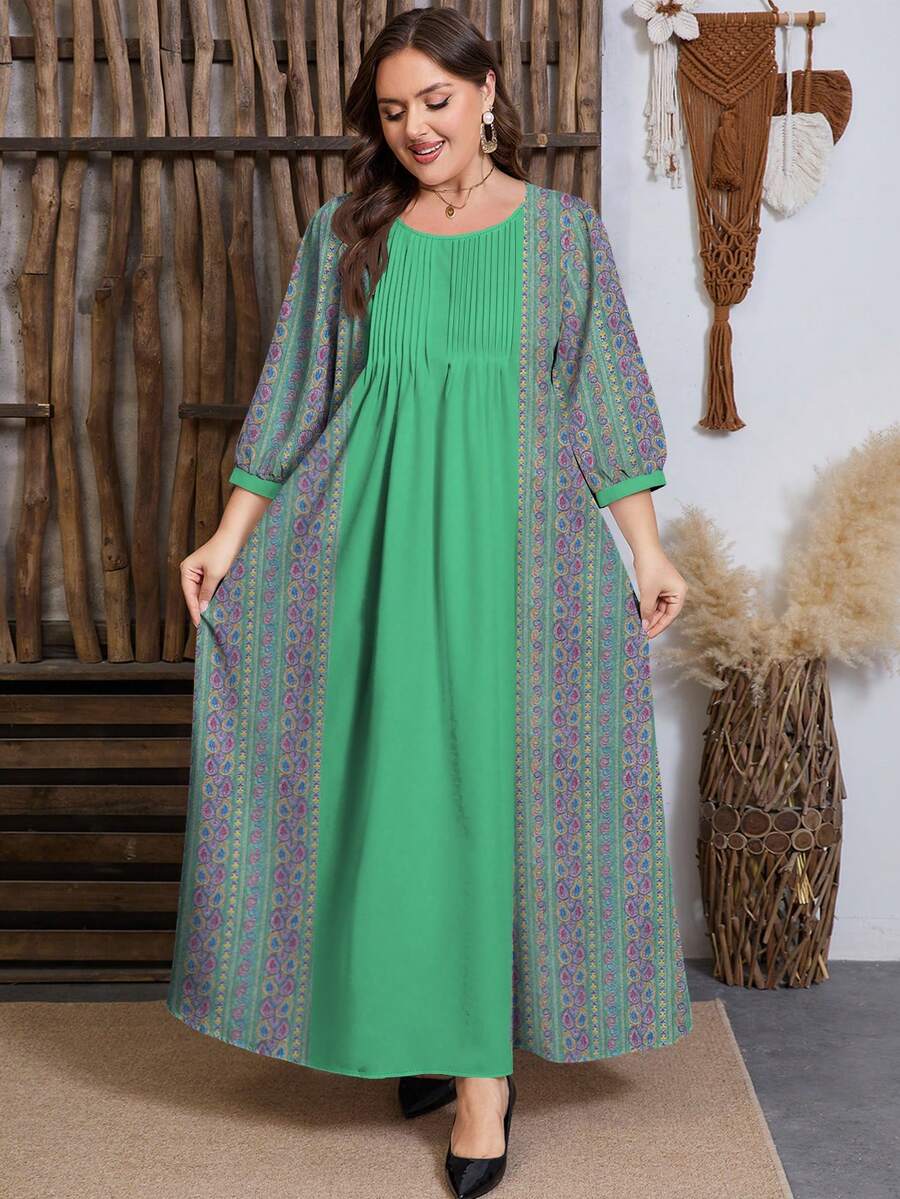 SHEIN Najma 大码女式印花绿色时尚圆领褶皱设计长袖收腰长款连衣裙,春季 - 彩色 - 查看 1