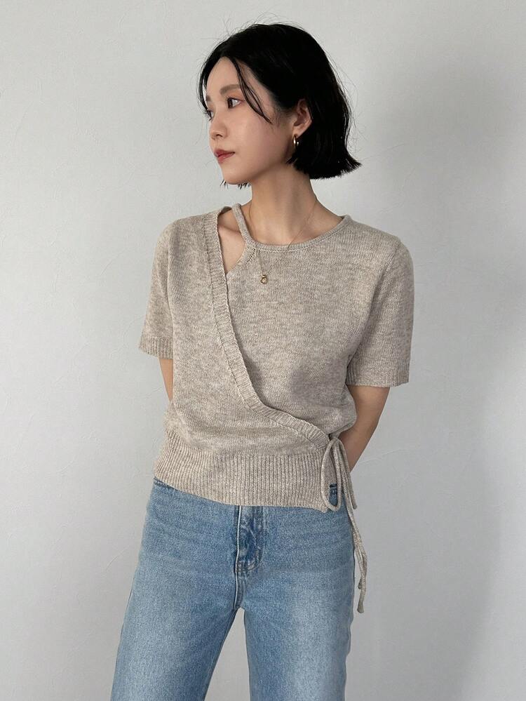 FRIFUL Women's Solid Color Asymmetric Neckline Hollow Hem Side Tie Waist Fitted Casual Versatile Knit Top - Apricot - View 5