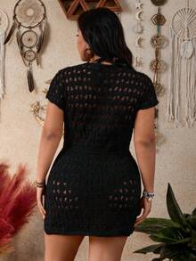 Swim Lushoire Vestido de playa con cuello en V, cintura con lazo y efecto estilizante para mujer talla grande - Negro - Ver 2