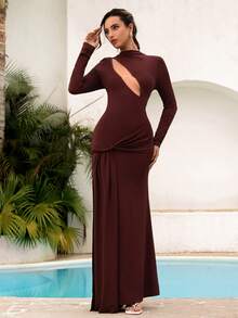 Modelyn Women's New Asymmetric/Asymmetrical Hollow Out Draped Twist Frayed Edge Side Drape Twist Cross Fabric Ruched Decor Knit Dress For Party, Cocktail, Date - Brown - View 1