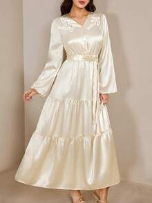 Modelyn Elegant V-Neck Apricot Long Dress, High-Quality Slimming Design Modest Long Dress Silky Dress Satin Long Dress French Style Dress Modest Dress - Apricot - View 1