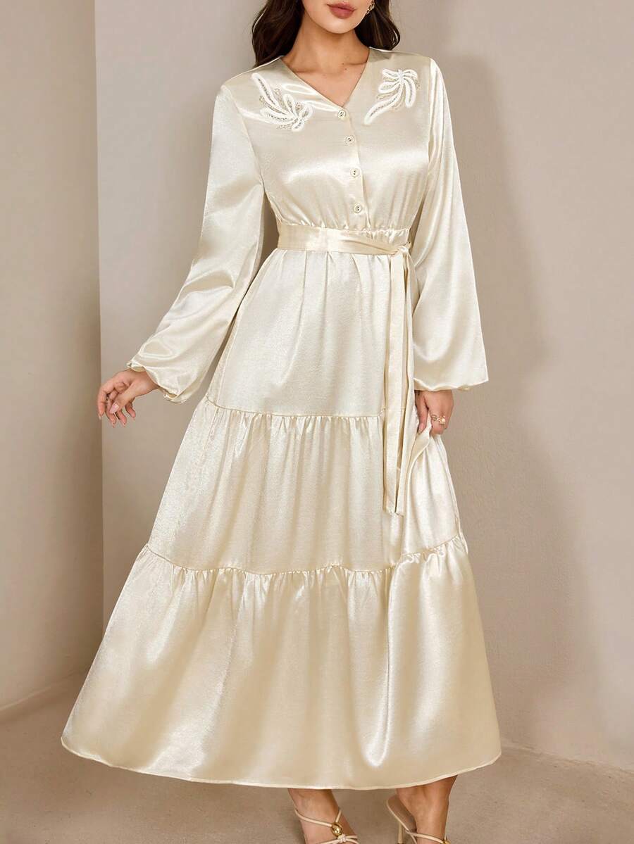 Modelyn Elegant V-Neck Apricot Long Dress, High-Quality Slimming Design Modest Long Dress Silky Dress Satin Long Dress French Style Dress Modest Dress - Apricot - View 1