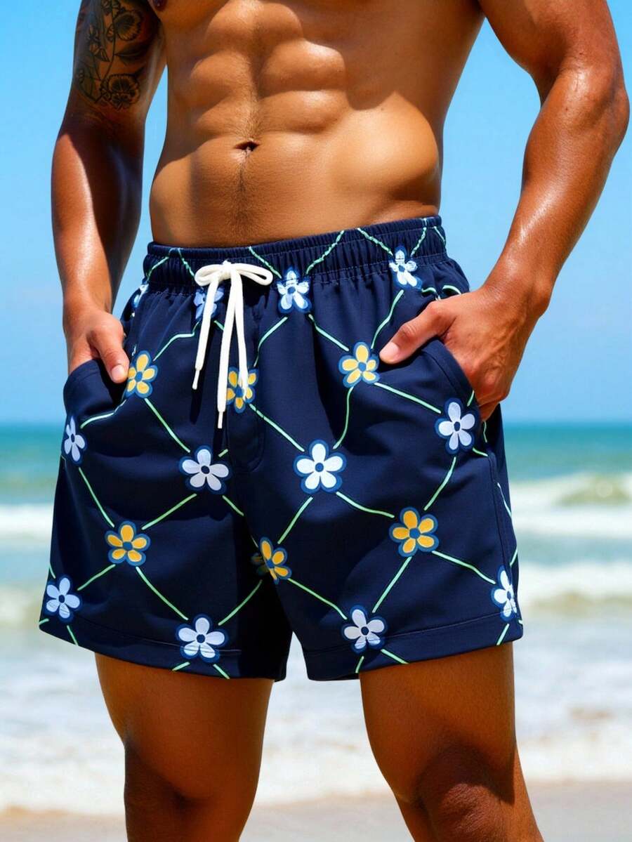 Manfinity Swimmode 男士夏季度假花卉格纹印花抽绳腰斜插口袋沙滩短裤 - 藏蓝色 - 查看 1
