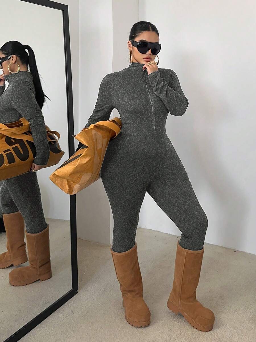 POPSWAY Bộ áo liền quần dài tay và quần dài màu đen cỡ lớn, khóa kéo phía trước, thắt eo, dáng ôm, màu trơn, đa năng, phong cách thường ngày. - Màu xám đen - Xem 1