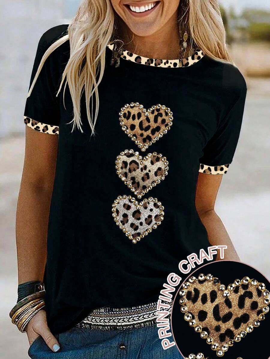EMERY ROSE Women's Color Block Leopard Print Heart Graphic Short Sleeve Casual T-Shirt - Black - View 1