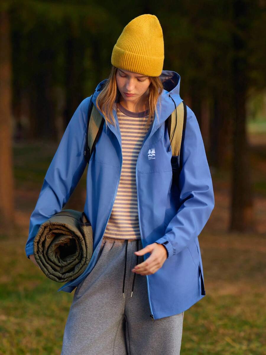 SHEIN In My Nature Women's Letter Print Drawstring Hooded Zip Front Casual Versatile Outdoor Long Sleeve Jacket - Blue - View 1