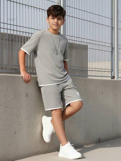 Vacaura Teen Boy Contrast Color Trim Short Sleeve T-Shirt And Short 2 Pieces Set, School, Campus, College Summer Holiday