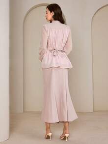 Graceveil 2pcs Women's Elegant High Collar Pleated Jewel Embellished Blouse Set Elegant Two Piece Set Tall Two Piece Set - Dusty Pink - View 2