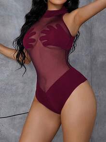 BamGleam 透明网眼连体衣，带手掌和胸部拼接设计 - 酒紅色 - 查看 3