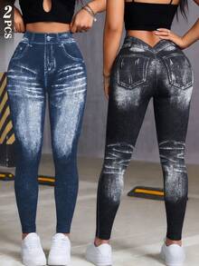 Easithlete 2pcs Women's Black & Blue Seamless Knitted High Waist Slimming Jegging Leggings - Multicolor - View 1