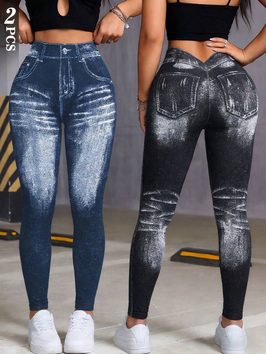 Easithlete 2pcs Women's Black & Blue Seamless Knitted High Waist Slimming Jegging Leggings - Multicolor - View 1