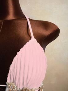 Zestiva Women's 2 Pieces Wavy Striped Shell Tape Splice Tie Neck Bikini Set, Summer - Pink - View 5