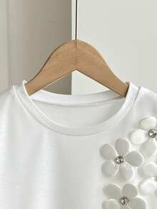 SHEIN 女童休闲都市优雅修身宽松蝙蝠袖翻边水钻花卉装饰圆领T恤，白色 - 白色 - 查看 4