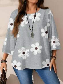 EMERY ROSE Plus Size Women Floral Print Casual Loose Fit 3/4 Sleeve Shirt, Suitable For Spring/Summer Spring - Multicolor - View 8