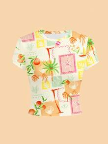 Teen Girls' All-Over Print Round Neck Casual Short Sleeve T-Shirt, Summer - Multicolor - View 6