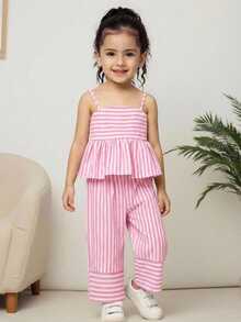 SHEIN Bộ đồ nữ sinh trẻ phong cách thường ngày, thích hợp cho kỳ nghỉ, đi học, đường phố: áo hai dây dáng chữ A phối họa tiết kẻ sọc và quần ống rộng phối họa tiết. - Hồng - Xem 9