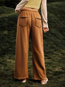 Medorelle 女士休闲百搭阔腿裤，撞色缝线设计 - 咖啡棕 - 查看 2