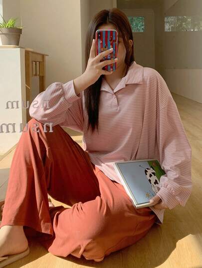 Dazy Plus 两件套睡衣，宽松条纹翻领上衣和纯色长裤，春夏睡衣