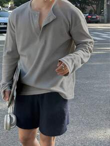 Manfinity Dauomo Men's Solid Color Minimalist Long Sleeve T-Shirt, Casual Everyday Wear - Light Grey - View 3