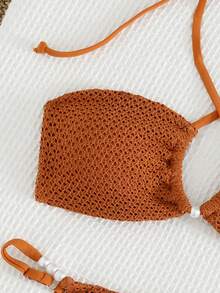 Swim Vcay Ladies Beach Music Festival Mesh Beaded Cross Knot Elegant Halter Neck Bikini Set - Coffee Brown - View 3