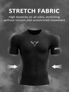 Gym Rark 1pc Men's Casual Bull Head Letter Print Raglan Short Sleeve Sports T-Shirt, Summer Compression Shirt Men - Black - View 3