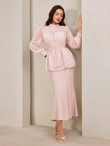 Graceveil 2pcs Women's Elegant High Collar Pleated Jewel Embellished Blouse Set Elegant Two Piece Set Tall Two Piece Set - Dusty Pink - View 6