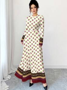 Al Najma 花卉图案数码复古印花杏色圆领长袖A字型女式长裙，春夏款 - 彩色 - 查看 4