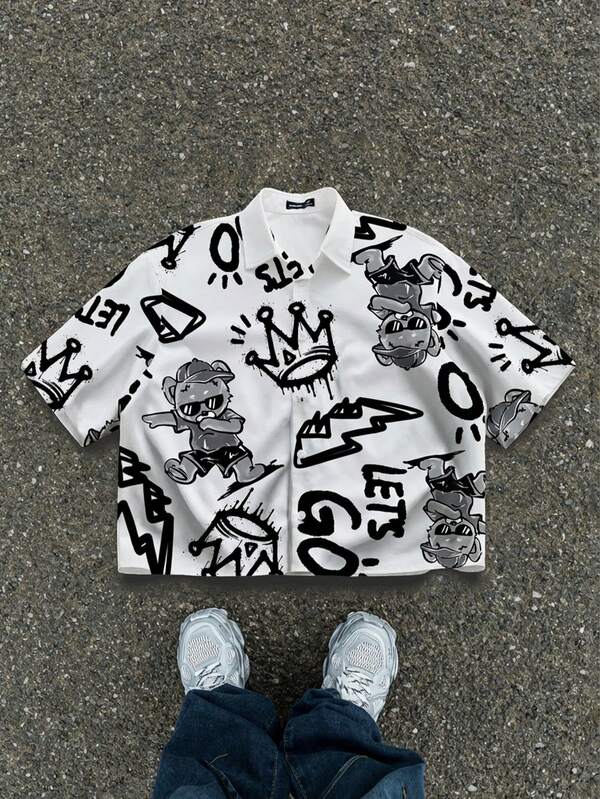 Manfinity ZONE917 Boxy Cropped Loose Black Graffiti Crown + Lightning Slogan Print Short Sleeve Shirt, Oversized Fit, Essential For Dates And Gatherings, Great Gift For Boyfriend