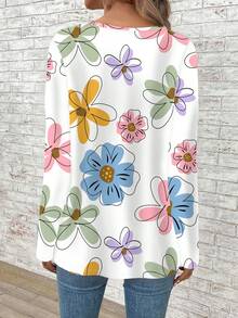 EMERY ROSE 大码女式V领宽松印花长袖T恤 - 彩色 - 查看 2