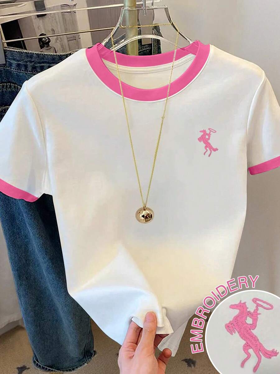 Resyla Camiseta de manga corta casual con cuello redondo y ribete de contraste bordado para mujer - Blanco - Ver 1