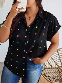 SHEIN LUNE Plus Size Summer Casual Random Heart Print Button-Front Shirt,Valentine - Black - View 5