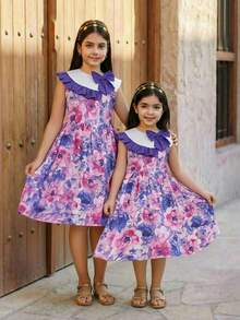 SHEIN Tween Girl Bow Decor Floral Pattern Cute Dress - Blue - View 4