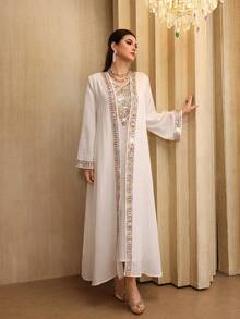 Al Najma 彩色刺绣织带拼接无袖连衣裙，带可拆卸领子 - 白色 - 查看 6