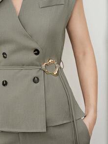 SHEIN Stylify 女士亚麻高领叠层领双排扣腰带金属扣装饰蝙蝠袖衬衫搭配前拉链宽松阔腿裤两件套，优雅法式复古浪漫通勤商务休闲海滩度假街头风穿搭，春夏新款 - 綠色 - 查看 6