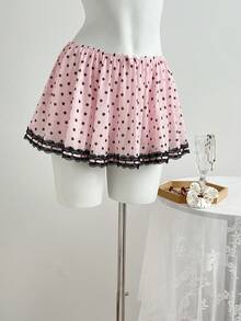 Elamini 女士粉色波点网纱印花撞色缎带蝴蝶结装饰衬里打底裤荷叶边迷你裙，甜美优雅，适合春夏、浪漫、约会、度假、海滩、休闲等场合，百搭实用 - 粉色 - 查看 3