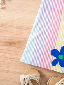 Chiếc váy trẻ em này có kiểu dáng chữ A rộng rãi, với các sọc dọc cầu vồng và tay áo bồng bềnh, mang phong cách ngọt ngào và mát mẻ, phù hợp cho các bữa tiệc, hoạt động ngoài trời và các dịp thường nhật khác. - Nhiều màu - Xem 5